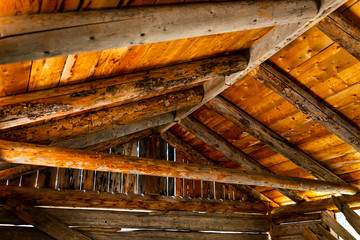 Independence Pass mining townsite wooden cabin interior with closeup of roof in White River National Forest in Colorado
