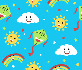 vector seamless pattern with sky object cartoon, happy summer with kite, sun, cloud, stars