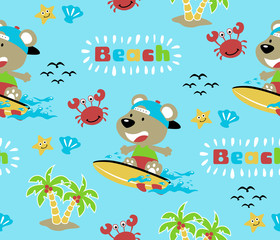 Naklejka na ściany i meble vector seamless pattern of cartoon animals, bear surfing in the beach with marine animals, coconut trees