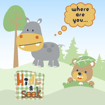 Funny cartoon of play hide and seek with hippo and bear in jungle