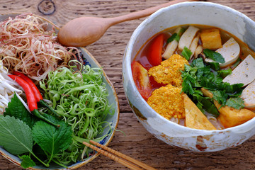 bowl of homemade vegetarian crab paste vermicelli soup