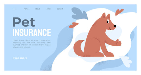 Vector illustration of cute healthy dog smiling and giving thumbs up. Design for Pet Insurance company or vet clinic, consultant. Pet care banner, poster, layout, flyer, landing page, website, advert.