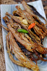 Vietnamese vegan deep fried food, banana blossom fry with citronella, salt