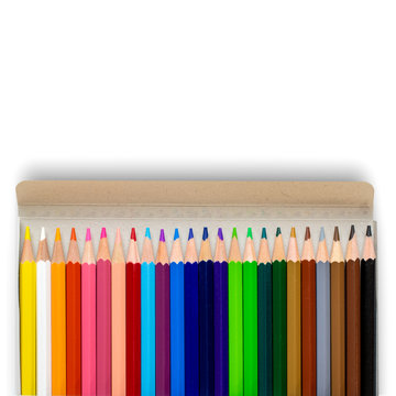 New color pencils in box isolated on white background