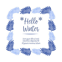 Fototapeta na wymiar Template for card handwritten hello winter, with pattern of gold rose flower frame and blue leaves elegant. Vector