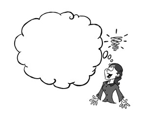 Businesswoman with an empty idea cloud for you to add content black and white