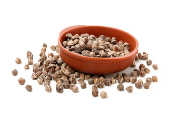 Organic Wingless Moringa (Moringa oleifera) seeds on white background