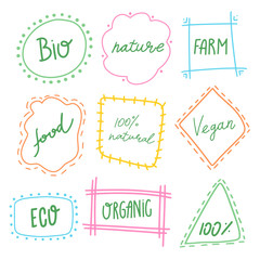 Vector typographic banner with phrases.Hand drawn element for labels, logos, badges.Calligraphic and typographic design for organic food. Vegan vibes and healthy food icons set. Social media messages.