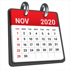 November 2020 monthly calendar vector illustration