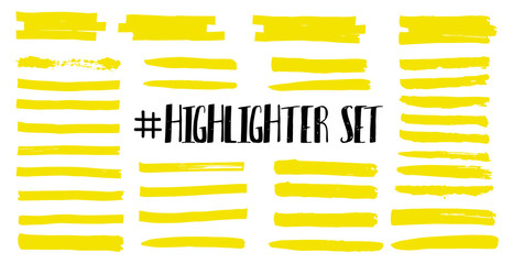 Highlight brush lines. Marker color stroke, brush pen hand drawn underline. Yellow watercolor hand drawn highlight set. Vector abstract graphic stylish element. Vector collection