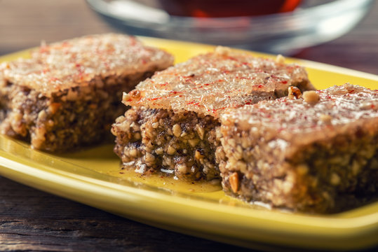 Pieces of Sheki halva on a plate