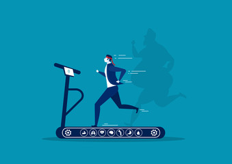 businessman running on treadmill with shadow oversize fat guy weight loss with heath icon on blue background illustrator vector.