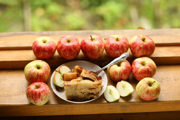 pieces of fresh baked apple pie among raw apples country style still life