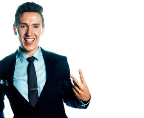 young pretty businessman posing emotional on white background, lifestyle people concept