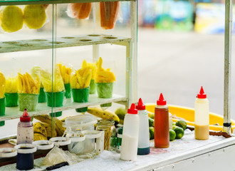 View on street food shop selling fruits in Colombia