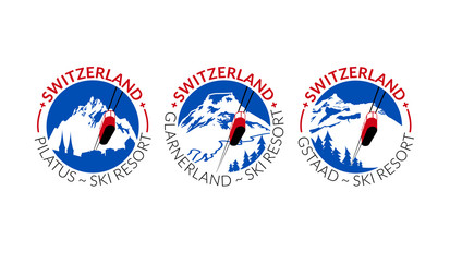 Logo collection for ski and snowboard resorts in Switzerland. Decorative fonts and simple colors. Vector illustration.