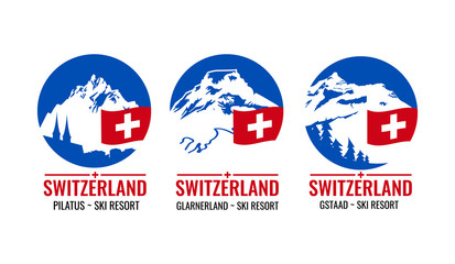 Obraz na płótnie Canvas Logo collection for ski and snowboard resorts in Switzerland. Decorative fonts and simple colors. Vector illustration.