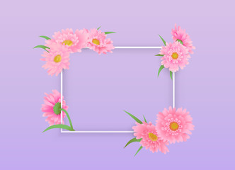 Sale poster design with paper white frame and pink daisy flowers on violet backdrop. Vector illustration.
