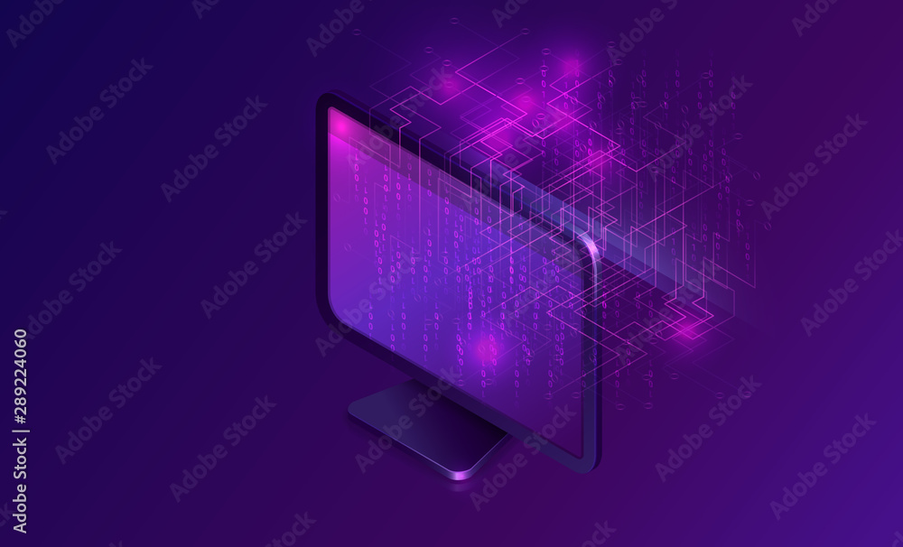 Poster document manager business concept vector isometric illustration. computer monitor on purple ultravio