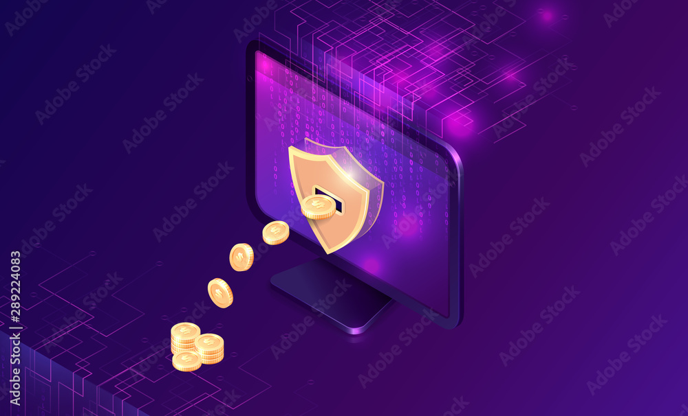 Aufkleber cryptocurrency mining isometric concept vector illustration. computer monitor with golden shield on 