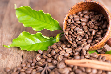 Roasted coffee beans in wood cup with green leaf star anise and cinnamon on wooden background