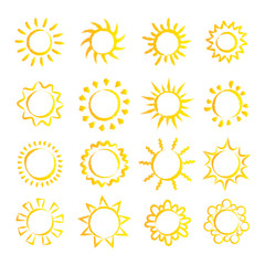 Cartoon sun collection. Yellow sun icons set isolated on white. Sun pictogram, summer symbol for website design, web button, mobile app.