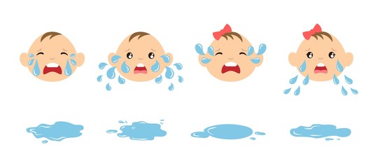 Set of cartoon crying baby faces with tear drops and puddles. Weeping kids illustration. Upset emoticons