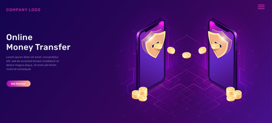 Online money transfer isometric concept vector illustration. Two mobile phones with golden shields and coins flying out of its on ultraviolet web banner with electronic data stream, landing web page