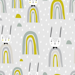 Nahtloses kindliches Muster mit Häschen, Regen und Regenbogen. Nahtloser Musterhintergrund des Kaninchen- und Regenbogengekritzels. Design für Stoff.