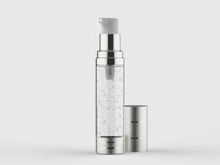 Cosmetic and skin care airless dispenser with clear liquid gel or serum filled on white background and cover opened. 3D rendered.