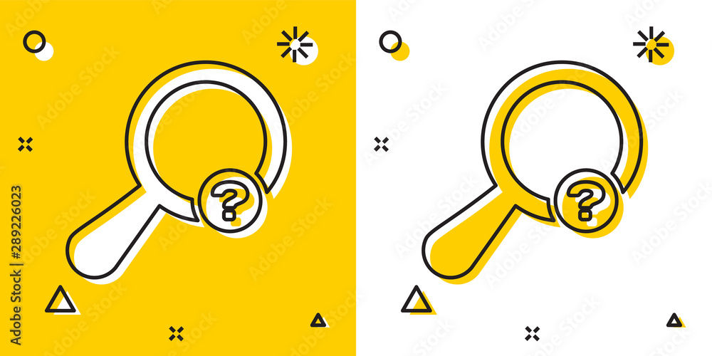 Poster black unknown search icon isolated on yellow and white background. magnifying glass and question mar