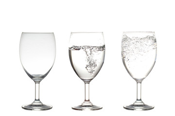 Empty,half and full water in wine glasses . Isolated on white