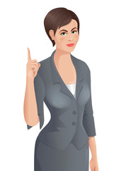 European woman wearing business suit and shows finger up. Attention gesture. Vector illustration isolated on the white background.