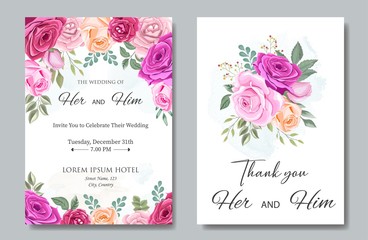 Fototapeta na wymiar Wedding Invitation Card with Beautiful Flowers and Leaves