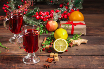 mulled wine, fragrant drink and festive mood atmosphere - concept New Year, Christmas. food background. copy space