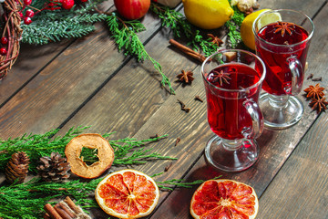 mulled wine, fragrant drink and festive mood atmosphere - concept New Year, Christmas. food background. copy space