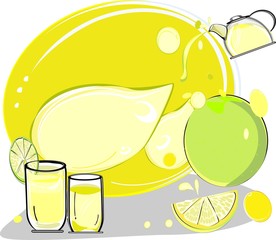 Yellow lemon juice, and lemon slices, in a kettle and glass tea set, kitchen utensils and breakfast - afternoon, drink healthy herbs and Asian plants, ingredients for Thai food, vector images