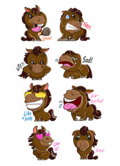 Set of children's emotion stickers with horses in a cartoon style.