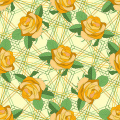 Seamless pattern with yellow roses on the light yellow geometry background.