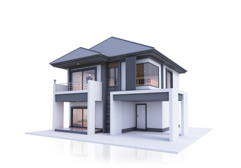 3D illustration, architecture, modern style two-storey house, white, gray roof,rendering on isolate background.