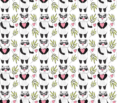 Seamless pattern of cartoon pandas. Children s background. Colorful vector illustration. Cute cartoon character. Happy bear with eucalyptus and heart. Doodle style. For design textile