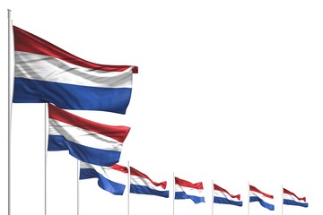 wonderful many Netherlands flags placed diagonal isolated on white with space for content - any occasion flag 3d illustration..