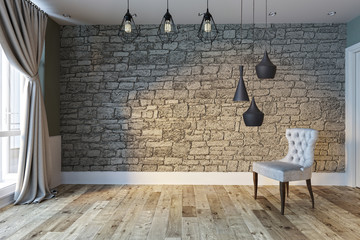 empty room and gray armchair interior design. 3D illustration