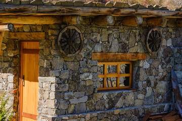 Caucasus mountains, Cherek gorge. Autumn weather in the mountains. Stone building in the mountains