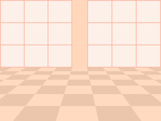 Vector white background. Checkered perspective floor and window in pink color