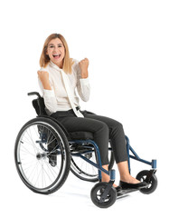Fototapeta na wymiar Happy businesswoman in wheelchair on white background