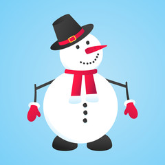 Cute cartoon snowman vector illustration isolated on light blue background. Merry Christmas and happy new year.