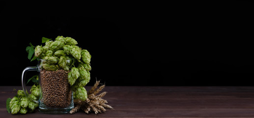 Mug with malt and fresh green of hops like a foam on dark wooden table. Empty space for text. Black background