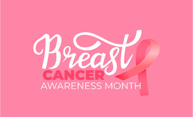 National Breast Cancer Awareness Month banner with pink ribbon and hand drawn lettering