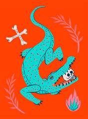 crocodile with skull in the jaws, color print